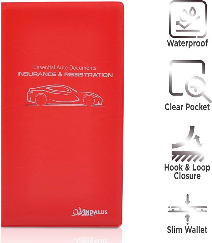 Andalus Auto Registration & Insurance Card Holder Pack of 2, Waterproof Essential Car Registration Holder with Hook & Loop Closure, Perfect for Every Vehicles Glove Boxes (Red - 9.5" x 5.15")