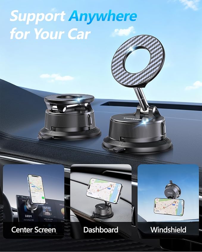 VIPWISE Magnetic Phone Holders for Your Car [89+LBS Suction & 3200gf Magnetic] 360° Adjustable Magsafe Car Phone Mount, Vacuum Suction Cup Car Mount for iPhone 17 Pro Max 16 15 14 13 12 Air Plus
