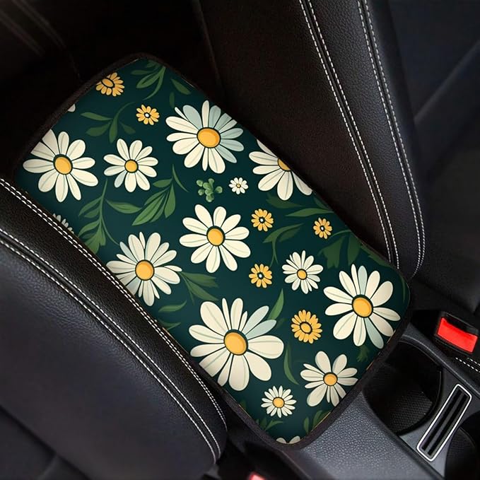 Daisy Car Armrest Cover Floral Print Armrest Seat Box Cover Protector for Car Breathable Water Proof Center Console Cover Universal for Most Car for Women Men Car Interior Accessories