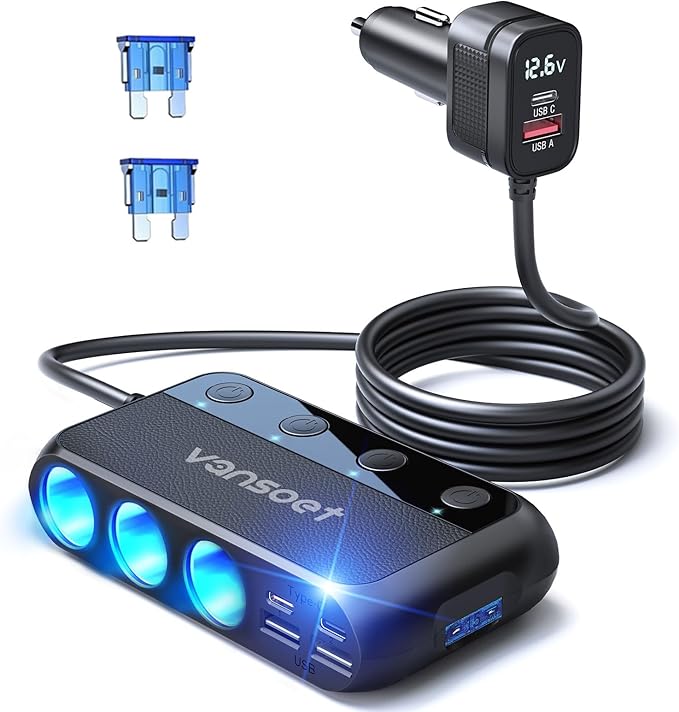 158W 9 in 1 Cigarette Lighter Splitter with 3 Socket Multi Port Car Charger Adapter Dual PD30W and 3 USB-A QC3.0 DC 12V/24V Independent Switches and Voltage Display for Car Truck Ipad Camping