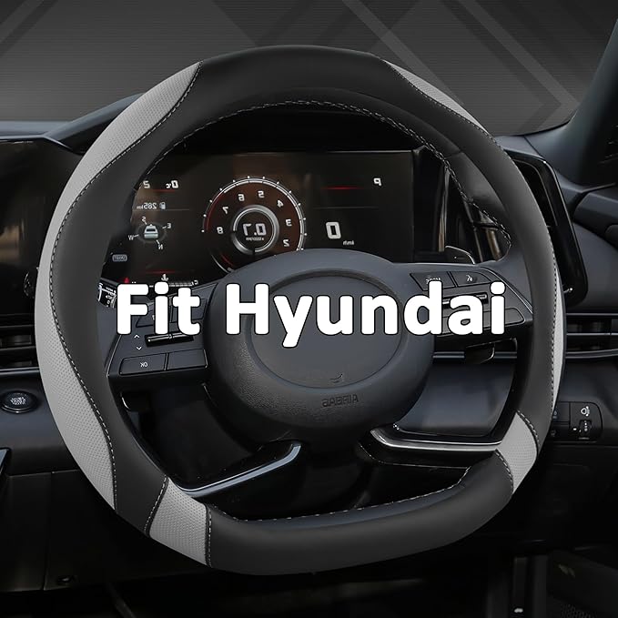 West Llama Flat Bottom Car Steering Wheel Cover for Hyundai,D Shaped Steering Wheel Cover for Tucson,Sonata,Elantra,Santa Fe,Genesis,Sonata Hybrid,Azera,Venue,Kona (Black+Gray-Standard Size)