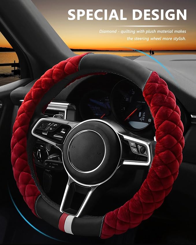 Cxtiy Plush Steering Wheel Cover for Women, Fluffy Soft Warm Winter Steering Wheel Grip for Car Interior Accessories (A-Burgundy)