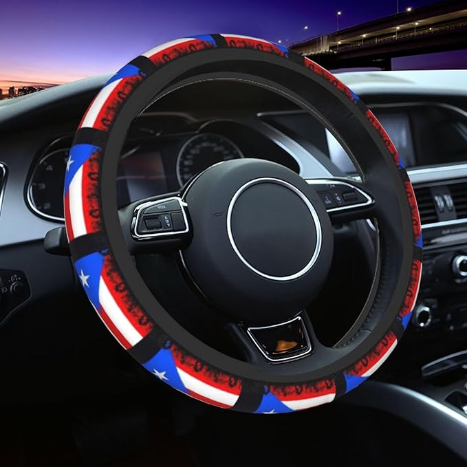 Puerto Rico Flag Steering Wheel Cover for Women Men Girls Car Accessories Decor Anti-Slip Neoprene Auto Steering Wheel Covers Protector Universal 15 Inch