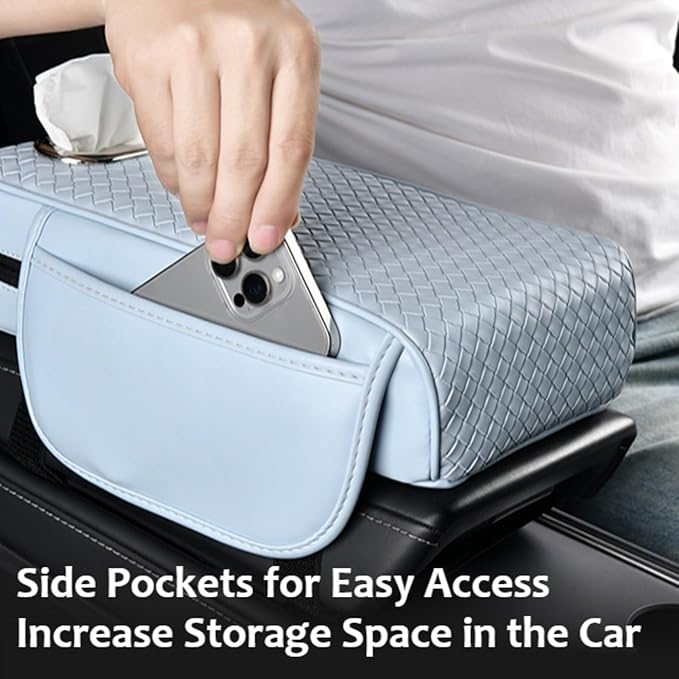 Car Armrest Cushion Cover Car Center Console Memory Foam Booster Pad with Storage Pocket and Tissue Hole for Sedan Vehicle (Blue, 12.99 * 7.09 * 2.95'' / 33 * 18 * 7.5 cm)