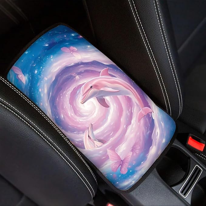 Pink Dolphin Auto Armrest Console Accessories Center Console Cover Soft Car Console Covers Protect from Pet Claws Fit Most Cars, Truck, SUV, or Van
