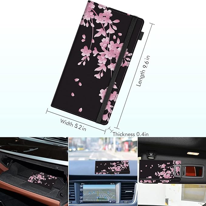 RAUEDWDJS Car Registration and Insurance Holder,Leather Vehicle Glove Box Organizer Wallet Case for Driver's License,ID Key Information Cards-Cherry Blossoms