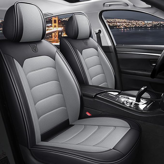 Universal 2 Front Seats Car Seat Cover, Fit for Most Cars, Nappa Leather Car Seat Cushion Super Breathable, Storage Bags, All Season, Car Seat Covers Full Set 3D Foam Back Support, Black Ash