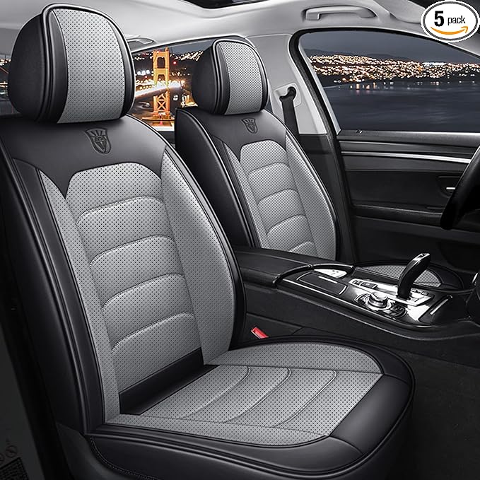 Universal 5 Seats Car Seat Cover, Fit for Most Cars, Nappa Leather Car Seat Cushion Super Breathable, Storage Bags, All Season, Car Seat Covers Full Set 3D Foam Back Support, Black Ash