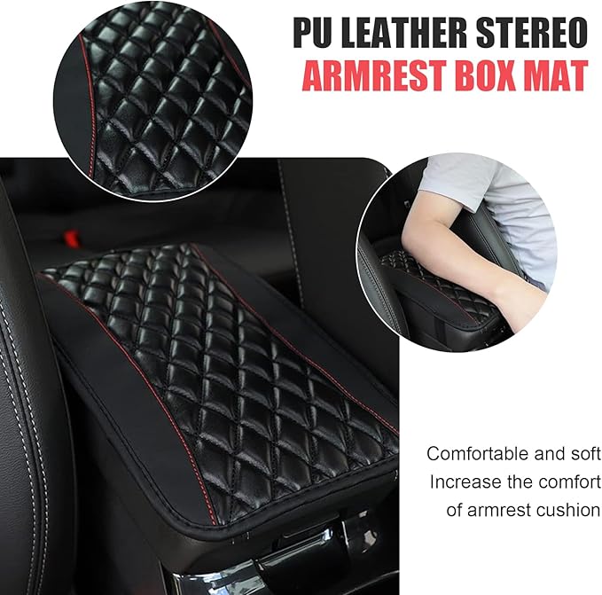 Car Center Console Cover, Patchwork Leather Center Console Cushion Pad, Waterproof Dustproof Auto Armrest Seat Box Cover Protector, Comfortable Armrest Pad for Car, Sedan, SUV, Van (Black)