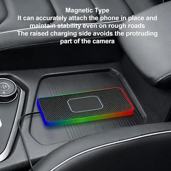 RGB Wireless Car Charging Pad 20W, Magnetic Fast Charging Mat, Non Slip, 30cm USB Cable for Android Smart Phone, Car