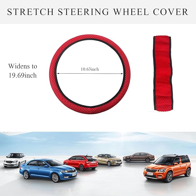 Elastic Steering Wheel Cover, 15"×15" Comfy Breathable Stretch Steering Wheel Protector, Ice-Silk Cloth Polyester Steering Wheel Cover for Men Women, Car Accessories (Red)