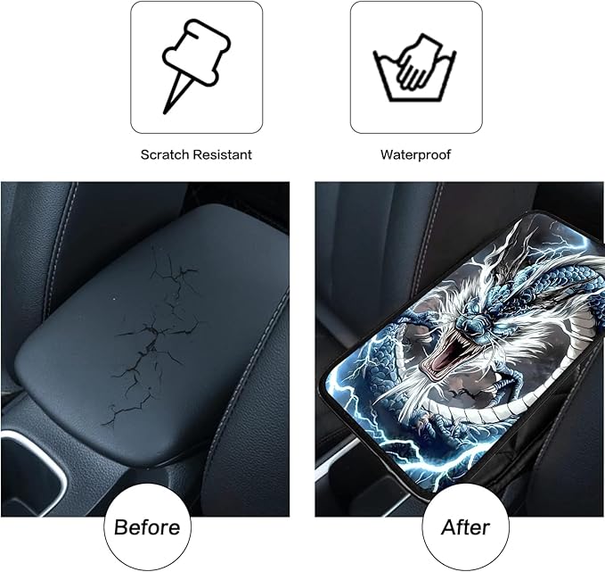 JANENFNA Car Armrest Cover Pads Universal Fashion Cute Auto Center Console Armrest Cover Pad with 2PCS Car Coasters Soft Waterproof Car Armrest Seat Protector for Women,Thunder Dragon-A