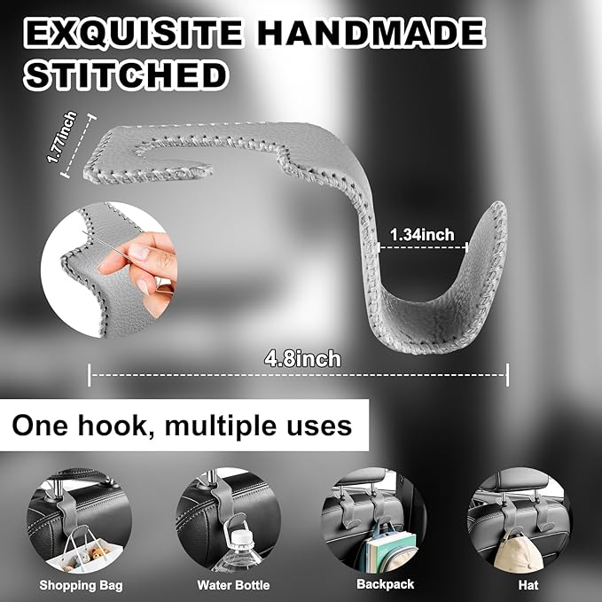 Car Seat Hooks for Purses and Bags, 2 Pack Car Purse Holder for Grocery Bag Handbag Clothes, Metal Headrest Hooks Covered by Leather, Gray