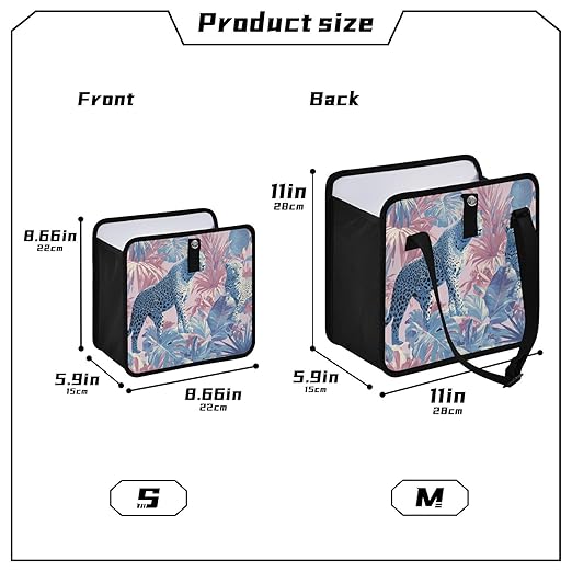 Car Trash Can Organizer Bin with Adjustable Strap for Back Front Seat Console Waterproof Leakproof Collapsible Portable 8.66 Inch Cute Cheetah and Palm Leaves