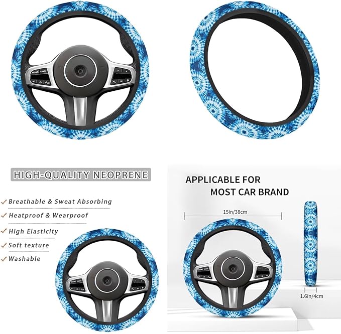 Blue Tie-Dye Car Steering Wheel Cover Set for Men Women 6 Pcs Car Interior Decor Cup Coaster Handbrake Cover Universal Fit Auto,Suvs,Truck