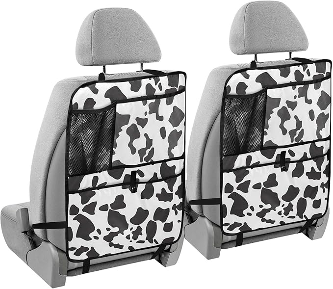 JIPONI Car Backseat Organizer, Cow Print 3 Automotive Back Seat Protector, Kick Mats with Storage Pockets for Kids Pets, Road Trip Accessories (2 Pack)