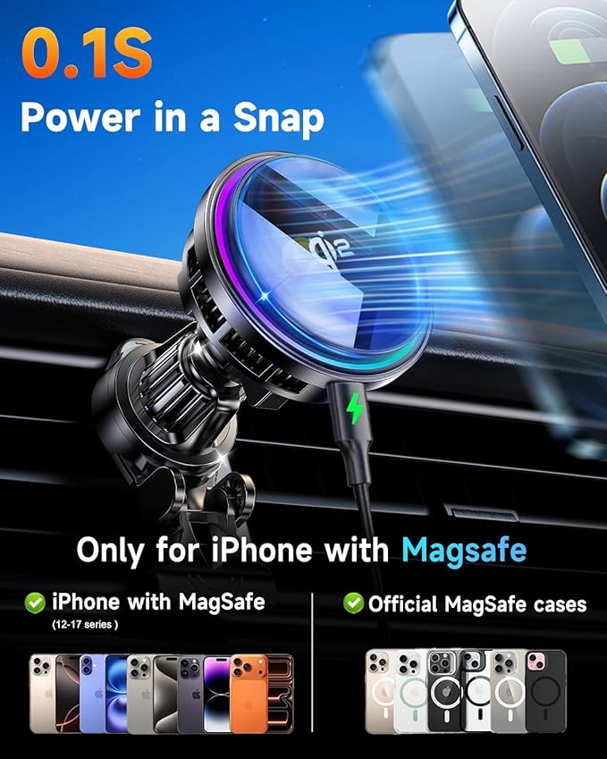 Upgraded TEC&Fan Cooling Magnetic Wireless Car Charger, For Qi2 Magsafe Car Mount Fast Charging, Vacuum/Air Vent Car Phone Holder 120LBS Ultra Suction Cup 810° Dashboard Car Bracket for iPhone/Android
