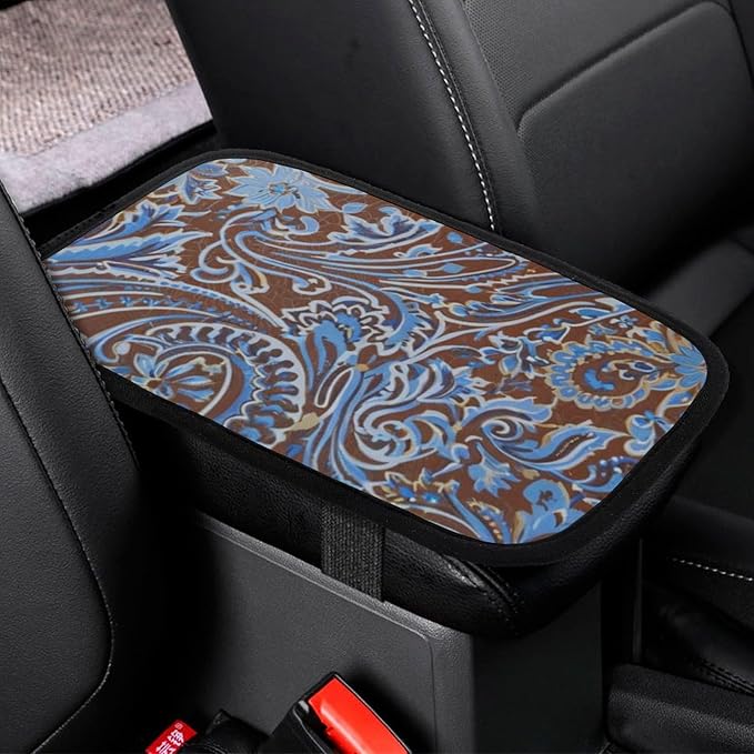 for Country Teal Brown Western Rustic Tooled Cowb Car Center Console Armrest Cover for Men Universal Arm Rest Pad Handrail Box Cushion Auto Accessories