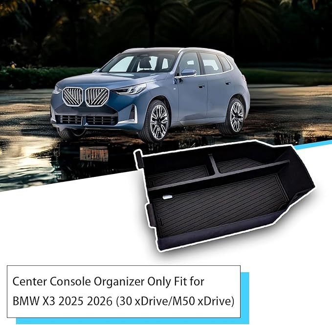 Center Console Organizer Compatible with BMW X3 2025 2026 (30 xDrive/M50 xDrive) , ABS Plastic & Anti-Slip Rubber Console Storage Box with Charging Hole, Center Organizer for 2025 BMW X3 Accessories