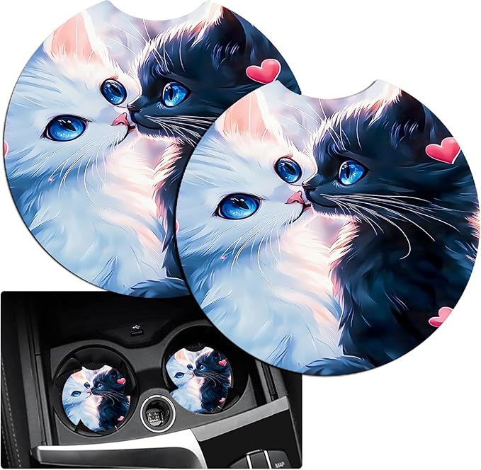 JANENFNA Car Armrest Cover Pads Universal Fashion Cute Auto Center Console Armrest Cover Pad with 2PCS Car Coasters Soft Waterproof Car Armrest Seat Protector for Women,Cat Couple