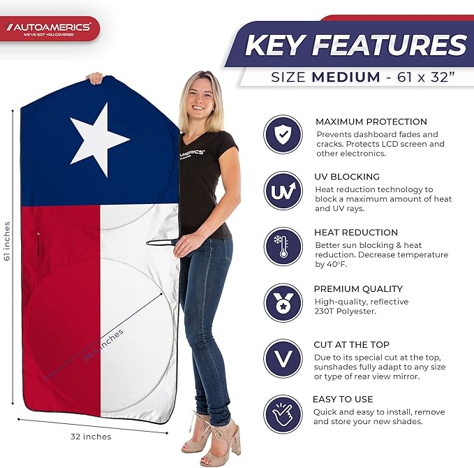 Autoamerics 1-Piece Windshield Sun Shade American Texas Flag USA Patriotic Design - Foldable Car Front Window Sunshade for Sedans SUV Truck - Blocks Max UV Rays and Keeps Your Vehicle Cool - Medium