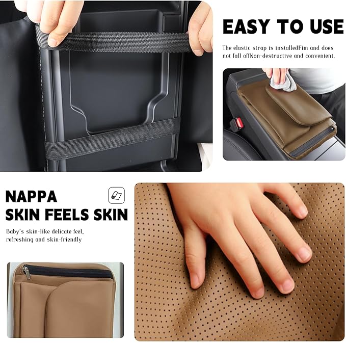 Car Armrest Cover Pad - Nappa Leather Car Center Console Cover with Breathable Holes, Non-Slip Auto Arm Rest Cushion, Universal Car Interior Accessories Fit forTesla Model Y Most Cars (Light Brown)