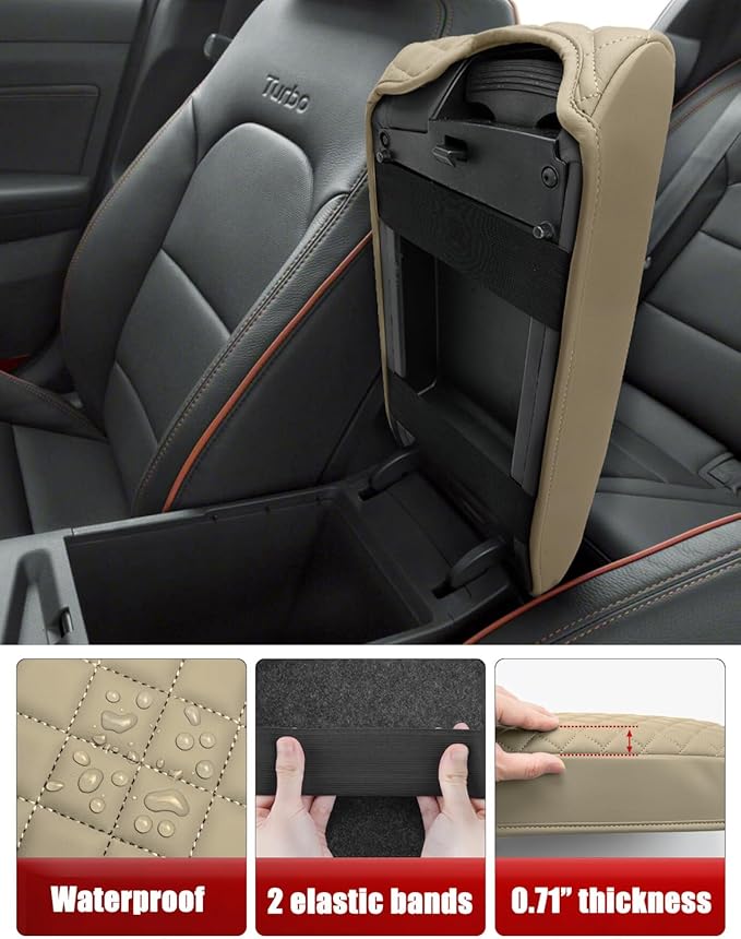 KBH Center Console Armrest Cover for Hyundai Sonata 2015 2016 2017 2018 2019, Middle Console Lid Protector Covering, PU Leather Interior Accessories, Beige