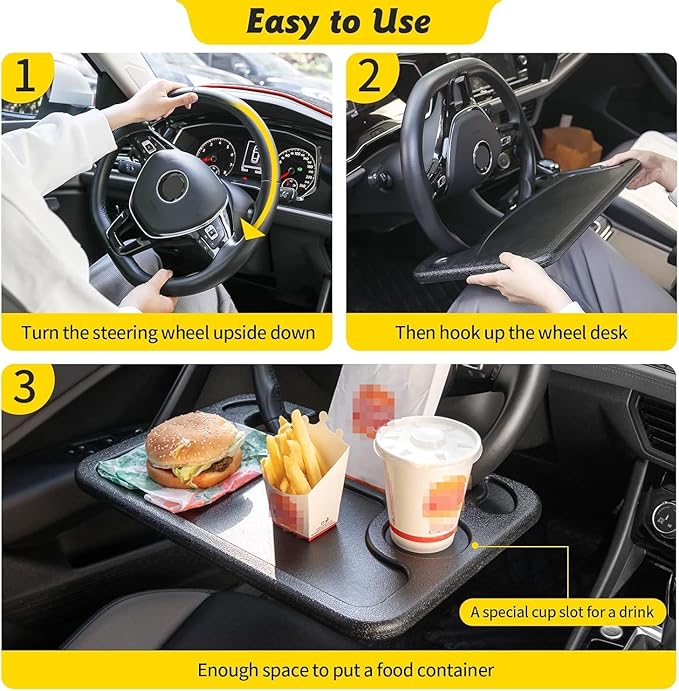 Oshotto Car Steering Wheel Desk | Food Table for Car | Laptop/Notepad| Seat Gap Storage Box for All Cars Black