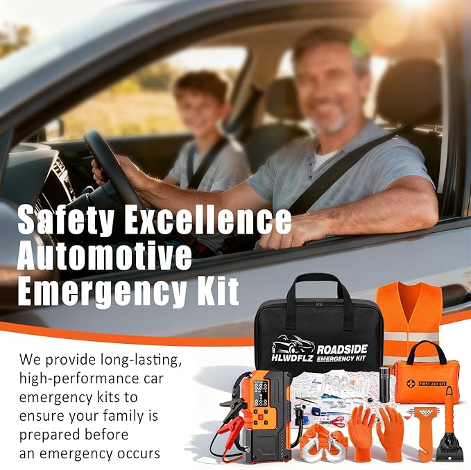 HLWDFLZ Car Roadside Emergency Kit, Jump Starter with Air Compressor, First Aid Kit, Tow Rope, Roadside Safety Emergency Tool Kit for Women, Men, Teen (Orange)