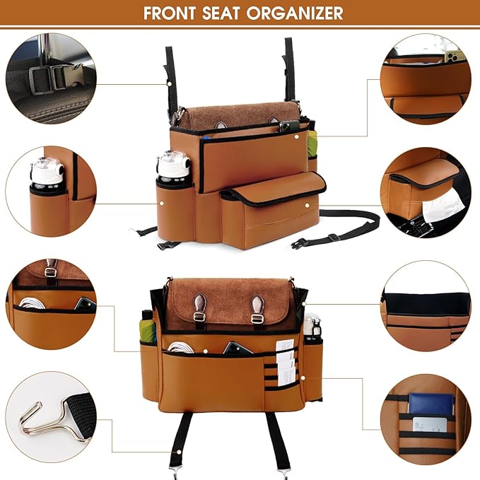 Car Purse Holder Between Seats, Car Seat Purse Handbag Holder, Automotive Consoles Organizers Storage Barrier Car Interior Accessories, Leather Large Capacity (Brown)