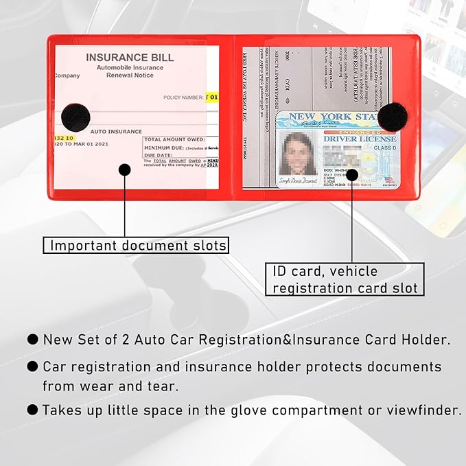 Kewucn 2 Pack Car Registration Insurance Holder, 10.55''×4.8'' Essential Auto Card Glove Box Organizer, Vehicle Interior Accessories Perfect for Most Car, Truck, SUV(Red)
