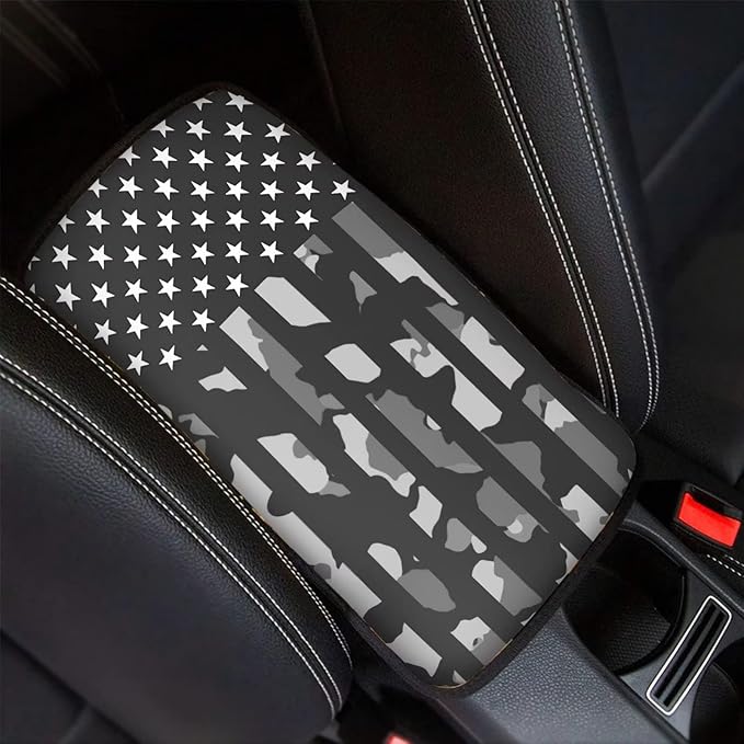 GLENLCWE Grey Camo American Flag Print Car Armrest Cover Car Center Console Cover Accessories for Most Cars
