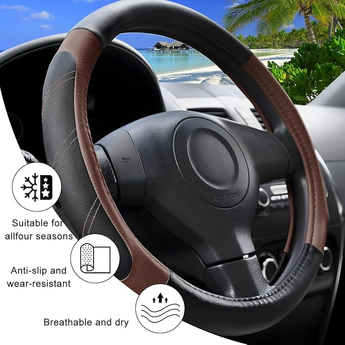 Car Steering Wheel Cover, 15 Inch Carbon Fiber Leather Non-Slip Steering Wheel Protector with Lining, Breathable Automotive Interior Accessories, Universal for SUV RV Truck (Orange)