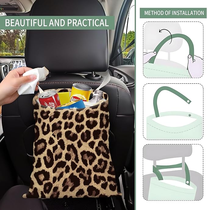 AXZOPDE Cute Car Trash Can, Hanging Canvas Car Back Seat Organizer and Storage Bag, Funny Car Trash Bag for Travelling, Outdoor Luxury Brown Leopard