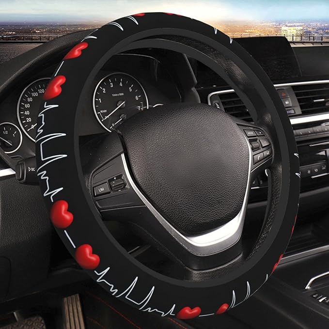 Red-Love-Trace Universal Fit Steering Wheel Cover for Car, Truck, and SUV, Durable Steering Wheel Protection