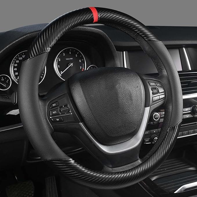 KAFEEK Customized Auto Car Steering Wheel Cover for Honda Civic, CR-Z, Insight, S2000, Small Size 14" - 14.25" Outer Diameter, Carbon Fiber, Black