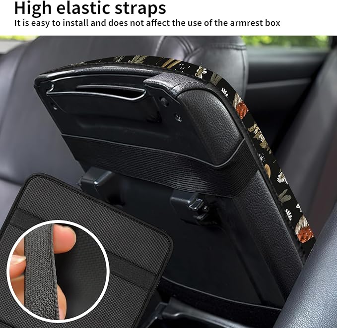 Car Center Console Cover, Universal Soft Large Neoprene Auto Armrest Seat Box Cover, Funny Car Decor Accessories Fit for Most Cars, Vehicles, SUVs Cute Boho Mushroom