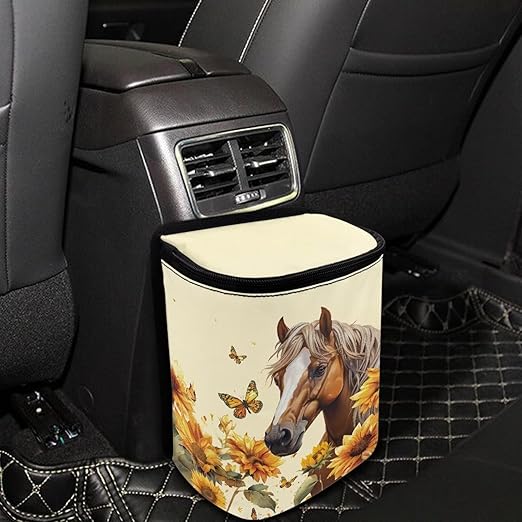 Hanging Sunflower Horse Car Trash Bag Zip Leak Proof Vehicle Garbage Bin with Lid Mini Portable Vehicle Waste Storage Bag for Automotive Front Back Seat Headrest