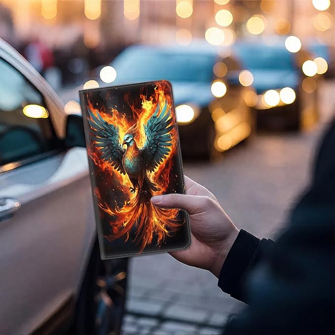 Car Document Holder with Magnetic Shut, Car Registration & Insurance Card Holder, PU Leather Glove Box Organizer Vehicle Accessories Driver License for Women/Men, Phoenix Bird Risen From the Ashes