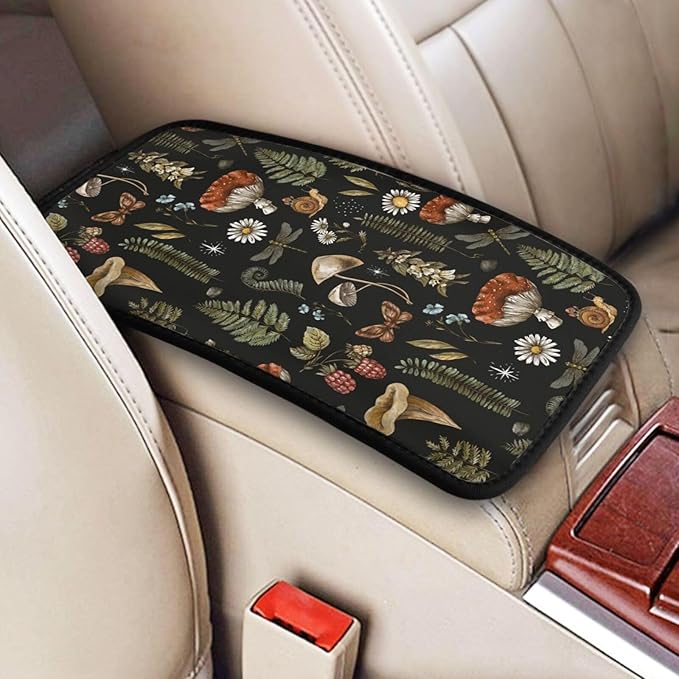 DORKEIXIA Vintage Magic Witch Mushroom Fern Witchcraft Auto Center Console Armrest Pad Universal Car Center Console Cover Seat Box Cover for Sedan, Van, SUV, Truck Car Accessorie