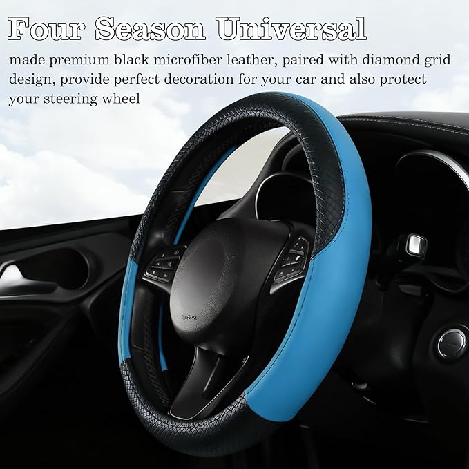 Black & Blue Car Steering Wheel Cover, Microfiber, Leather Patchwork, Universal 14.5-15 Inch Leather Anti-Slip Breathable Auto Steering Wheel Covers for Men Women