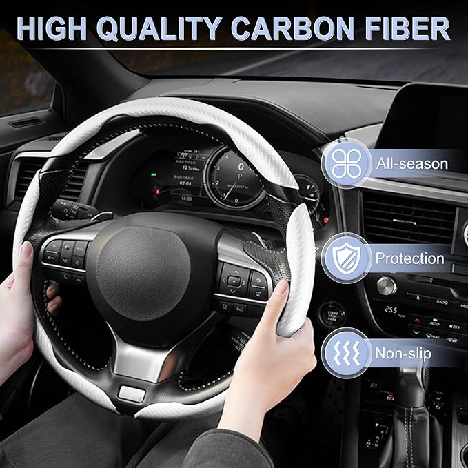 Amiss 3pcs Carbon Fiber Anti-Skid Steering Wheel Cover, Waterproof & Segmented Butterfly Design, Universal 99% Vehicle Wheel Cover Protector, Car Interior Accessories, White