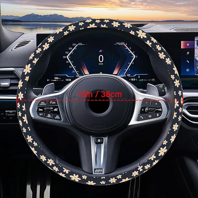 Steering Wheel Cover Neoprene Material Most Cars Men&Women Universal 15 inch Premium Non-Slip Spring Steering Wheel Protector Floral Car Accessories (Daisy Flower)