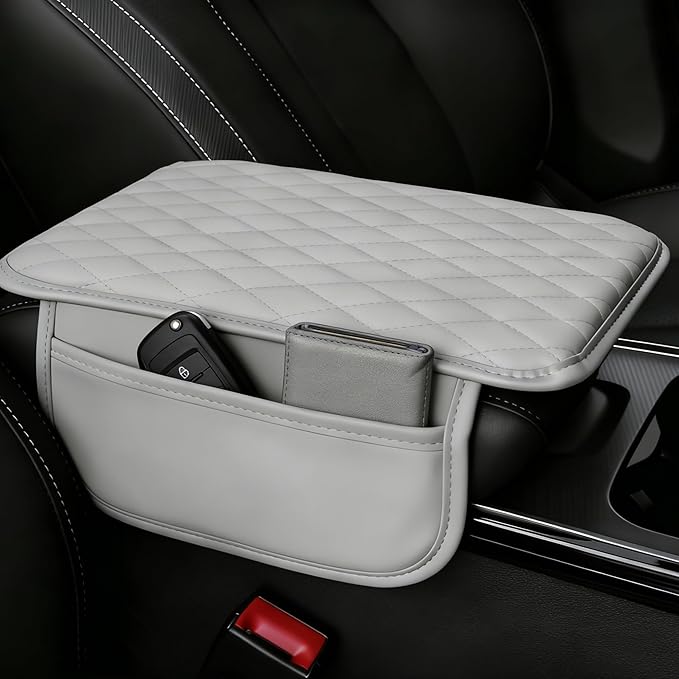 Upgraded Car Center Console Cover, Leather Armrest Cushion Pad with 2 Storage Bags, Microfiber Soft Waterproof Seat Box Cover Protector, Car Interior Decor Accessories Fit for Most Cars, Vehicles