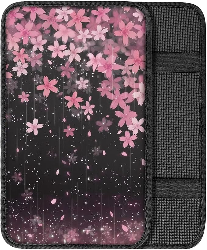Pink Flower Car Armrest Pad for Women Cherry Blossom Car Accessories Decor Soft Center Console Arm Rest Protector Cover Universal for SUV Van Sedan Truck