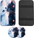 JANENFNA Car Armrest Cover Pads Universal Fashion Cute Auto Center Console Armrest Cover Pad with 2PCS Car Coasters Soft Waterproof Car Armrest Seat Protector for Women,Cat Couple