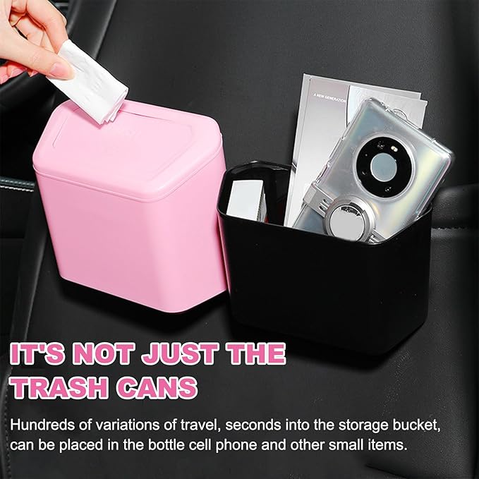 Car Trash Can with Lid, Plastic Mini Auto Hanging Dustbin with Garbage Bags, Trash Organizer with Lid Garbage Holder Container for Vehicle Office Home, Car Accessories (Black)