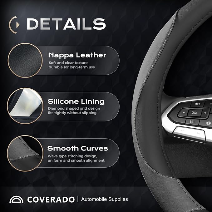 Coverado Car Steering Wheel Cover, Nappa Leather Black & Gray Steering Wheel Covers, Universal 14-15 inch, Anti-Slip, Breathable Steering Wheel Protector for Women Men