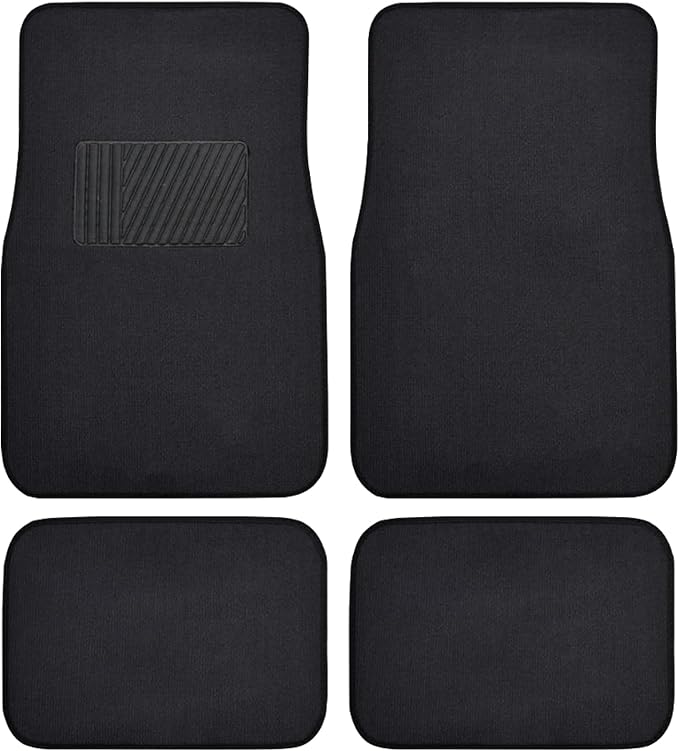 BDK Premium Black Carpet Floor Mats for Cars - Universal Fit Interior 4-Piece Car Mats Full Set with Vinyl Heel Pad Protector - Cute Car Accessories Interior Floor Covers for SUVs & Trucks