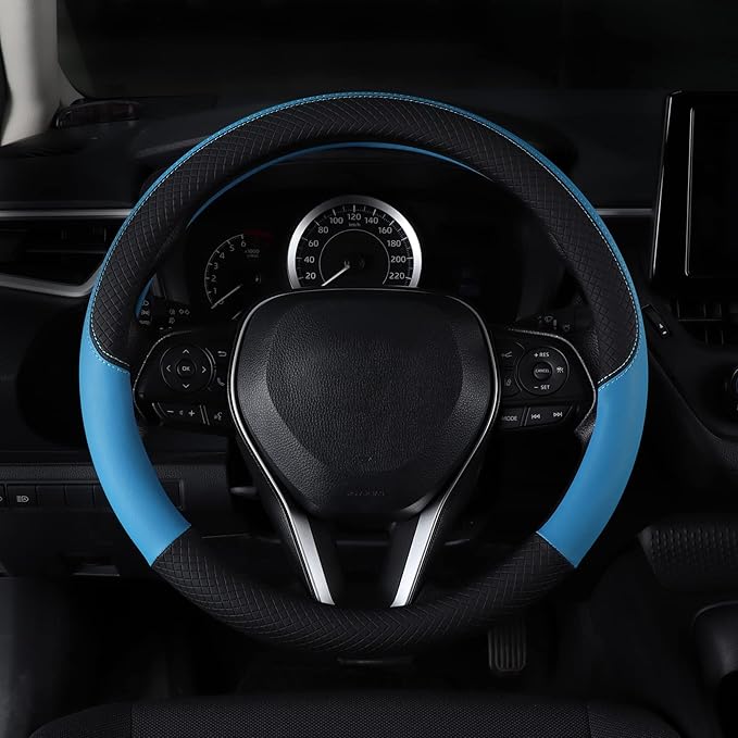 Auto Car Genuine Leather Steering Wheel Cover Anti Slip Wrap 15" (Blue)